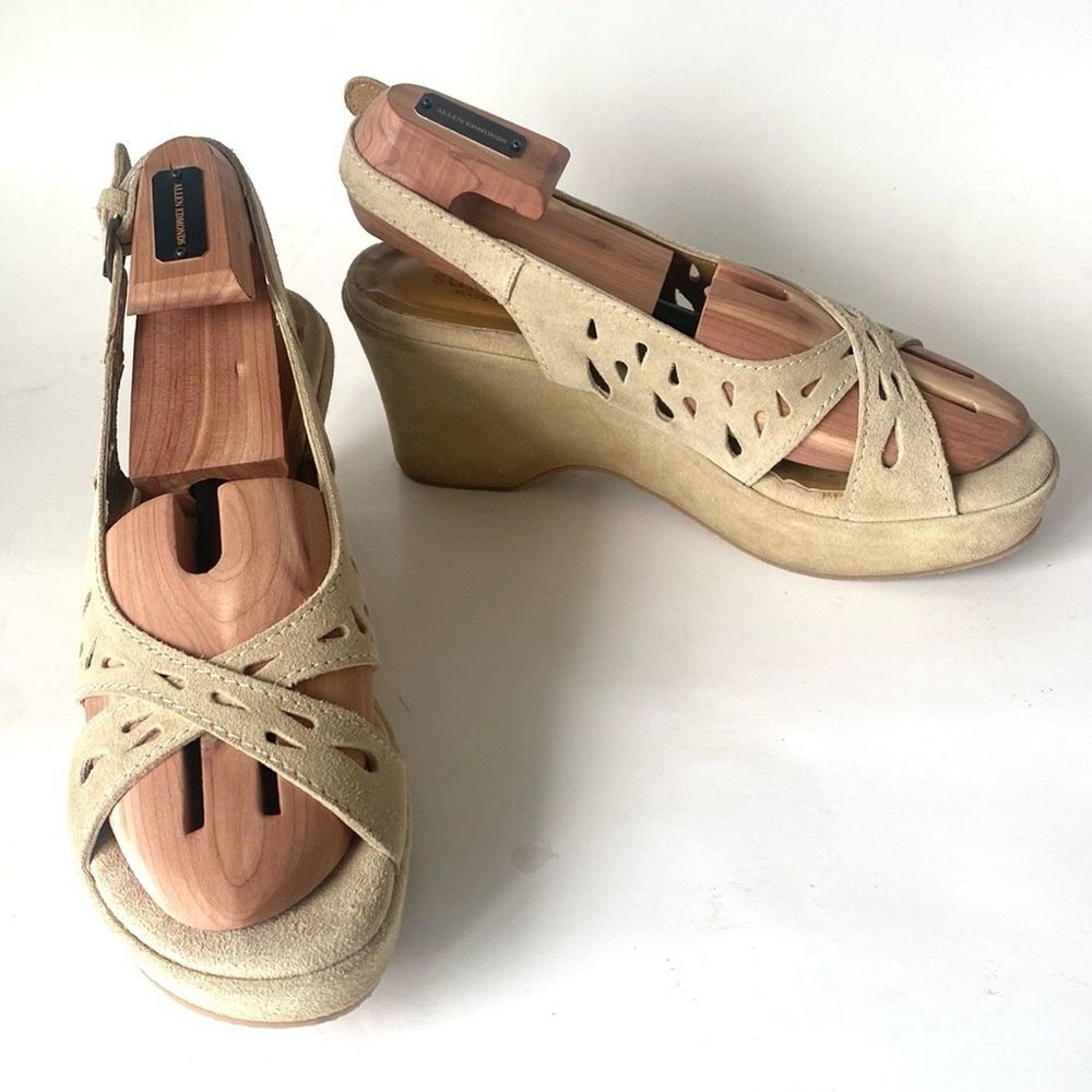 Sundance Beige Suede Wedge Sandals Cutouts Lace Cut US 10 Boho Coastal Comfort